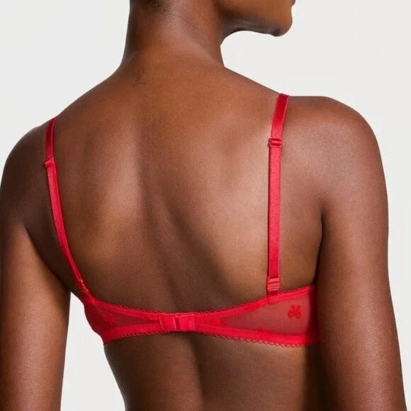 VS Tease Lace-Trim Unlined Demi Bright Vermillion Bows - Picture 7 of 8